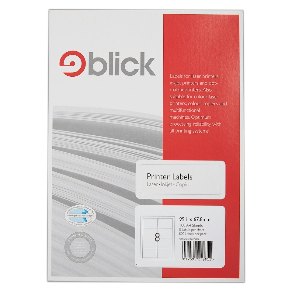 image 1 of Blick 8 Per Sheet 100 Sheets, 99.1mm x 67.8mm, Rectangular, White, 500 Labels