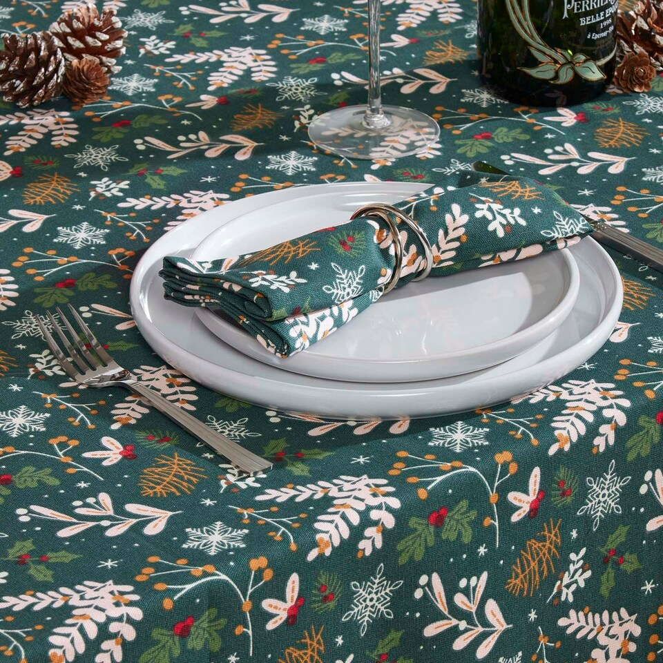 image 1 of Homescapes Festive Forest 100% Cotton Green Christmas Tablecloth - 178 x 305 cm | Green | 178cm x 305cm (70" x 120")