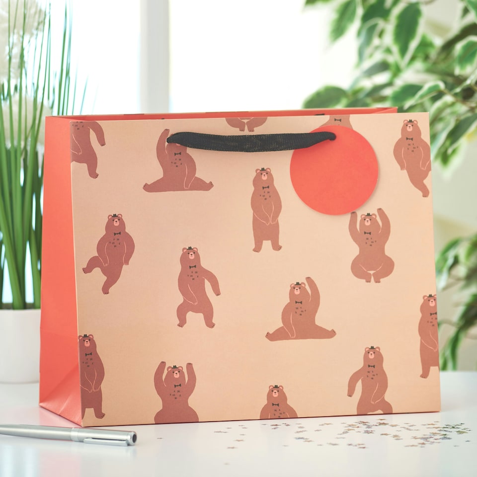 image 1 of Multipack of 3 Large Gift Bags | Party Bags for Presents | Birthdays | For Him/Her/Kids | Dancing Bear Design Brown