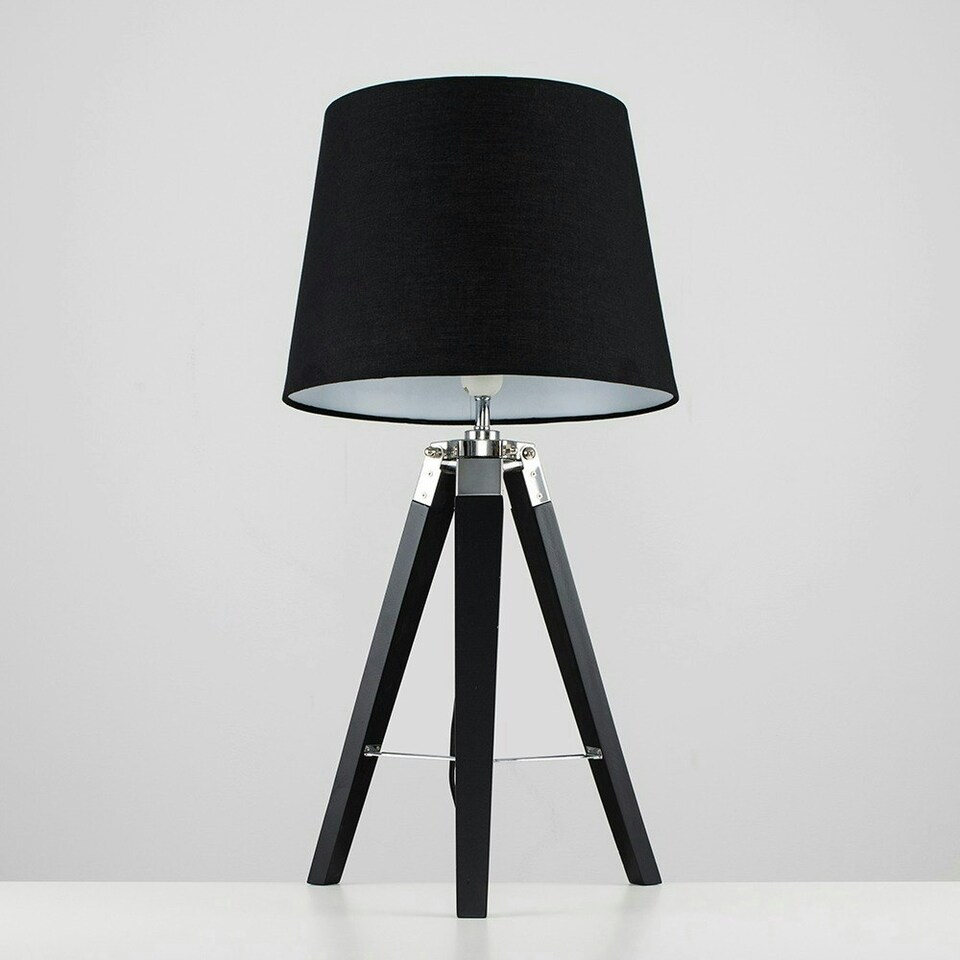 image 1 of ValueLights Modern Black Wood And Silver Chrome Tripod Table Lamp With Black Light Shade