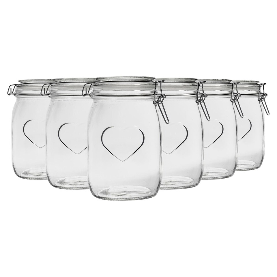 image 1 of Nicola Spring 6x Glass Storage Jars - 1 Litre Airtight Clip Lid Kitchen Vintage Round Preserving Container Heart Shaped Design