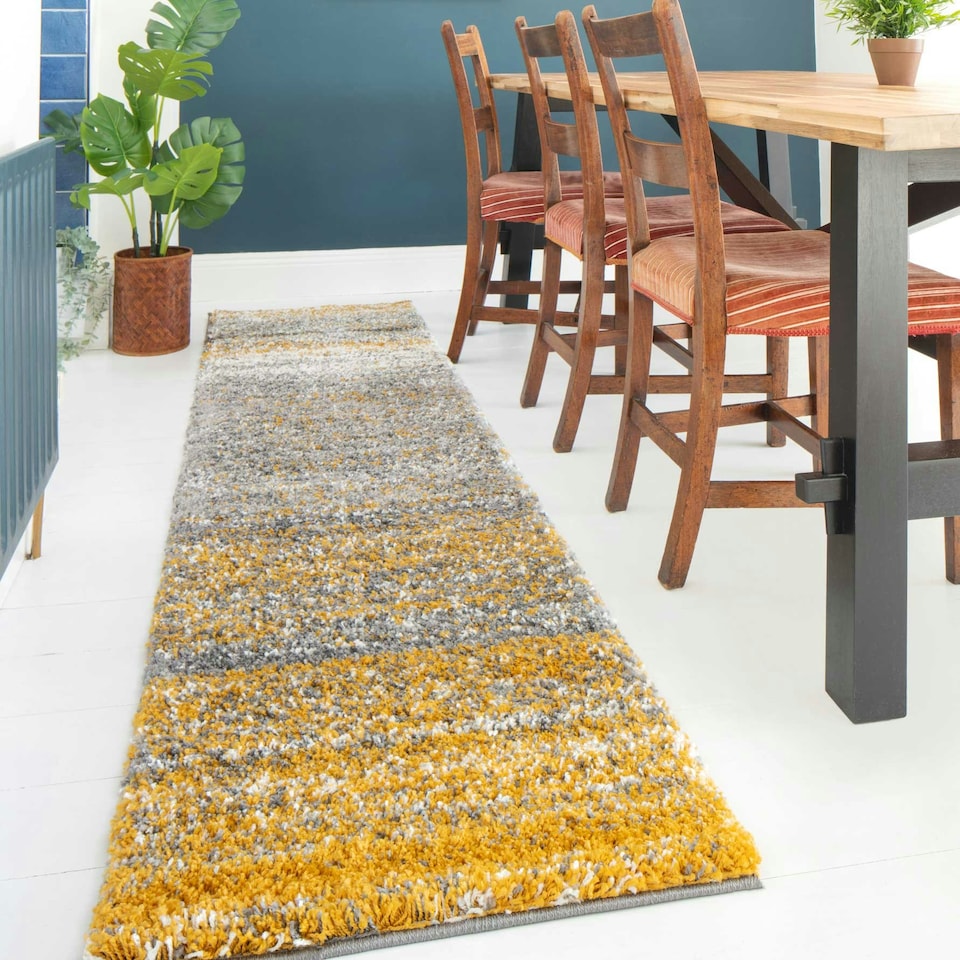image 1 of KUKOON Yellow Ochre Grey Striped Mottled Long Runner Rug 60cm x 240cm | Yellow