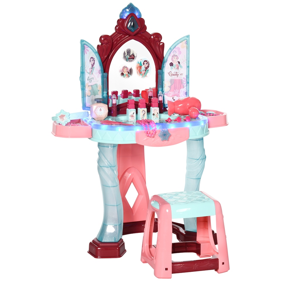 image 1 of AIYAPLAY 31 Pieces Kids Dressing Table Set with Magical Princess Mirror, Music Lights, Makeup Accessories, Hair Dryer, Chair, Drawer for Ages 3-6 Years