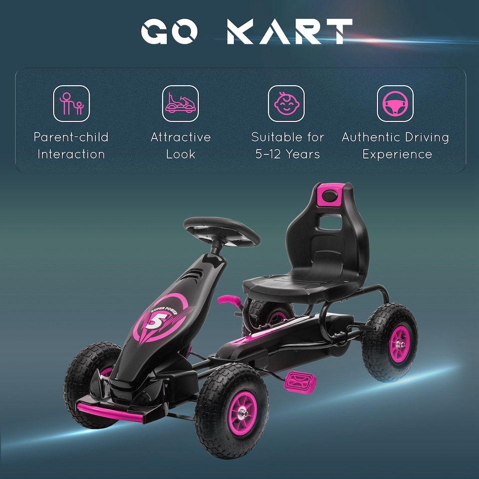 image 1 of HOMCOM Children Pedal Go Kart, Raving Go Kart with Adjustable Seat, Inflatable Tyres, Shock Aborb, Handbrake, for Ages 5-12 Years - Pink