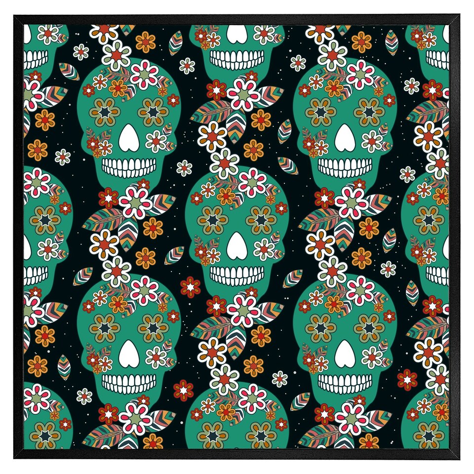 image 1 of Embroidery colourful simplified ethnic flowers and skull pattern (Picutre Frame) Brown | Oak | L