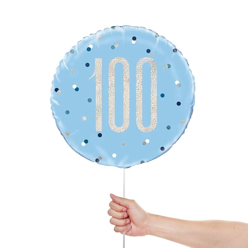 image 1 of Blue Glitz Age 100 Holographic Round Foil Helium Balloon 46cm / 18 in