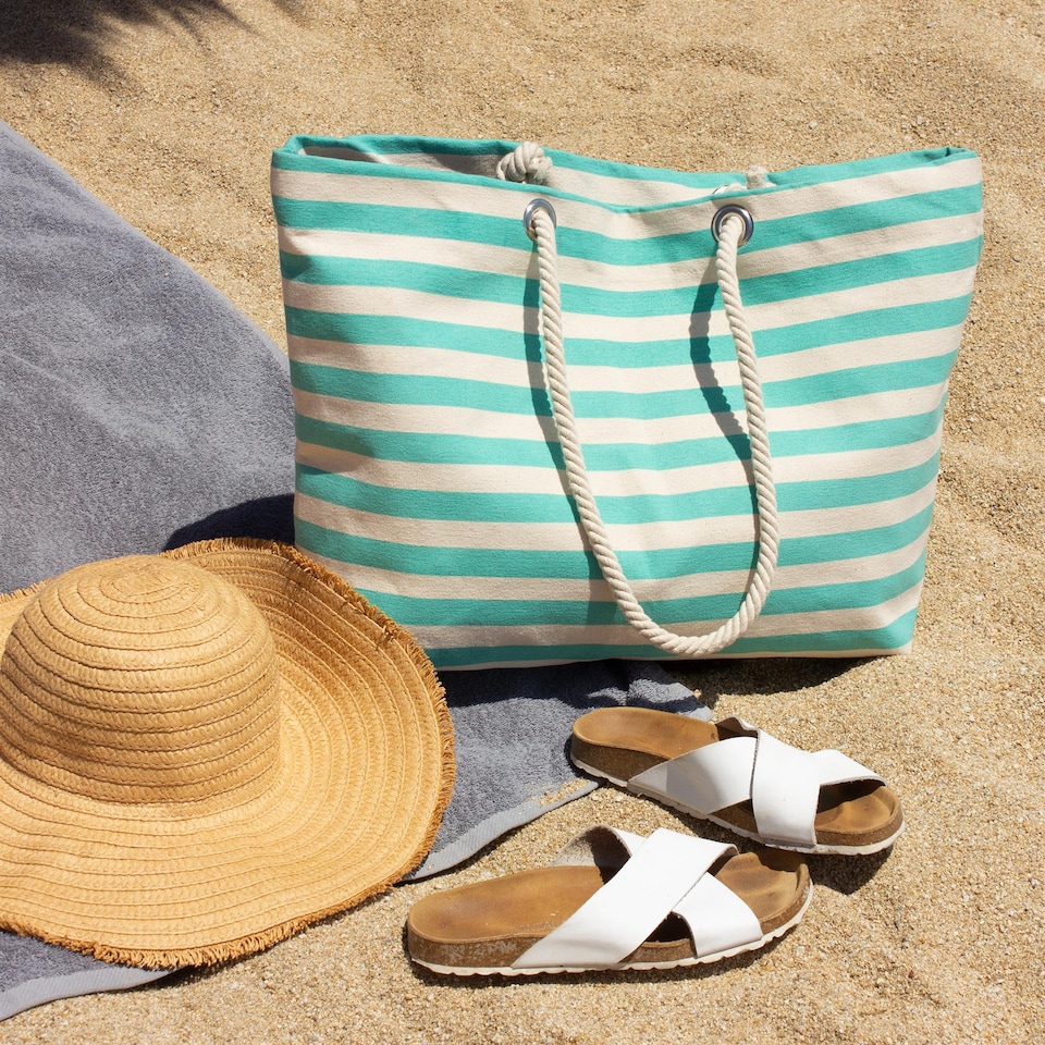 image 1 of Nicola Spring Large Striped Canvas Tote Beach Bag - 55cm x 36cm - Seafoam | Green | Seafoam