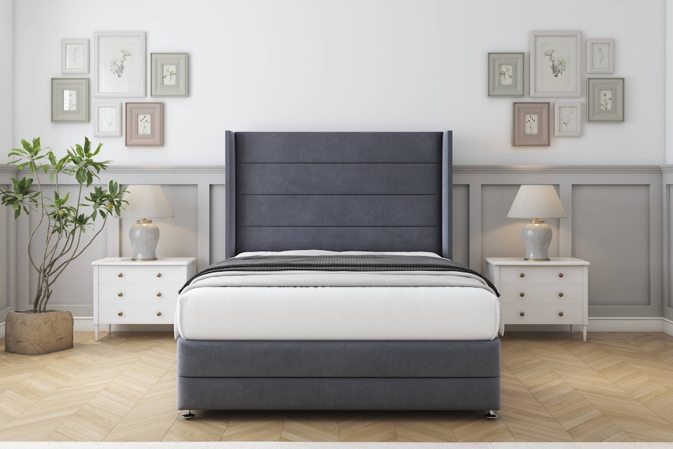 image 1 of Sloomy Sterling Steel Plush Divan Bed Base No Drawers With 54 Inch Wingback Headboard & 12 Inch Matching Footboard | Grey | Steel | Small Single | 1