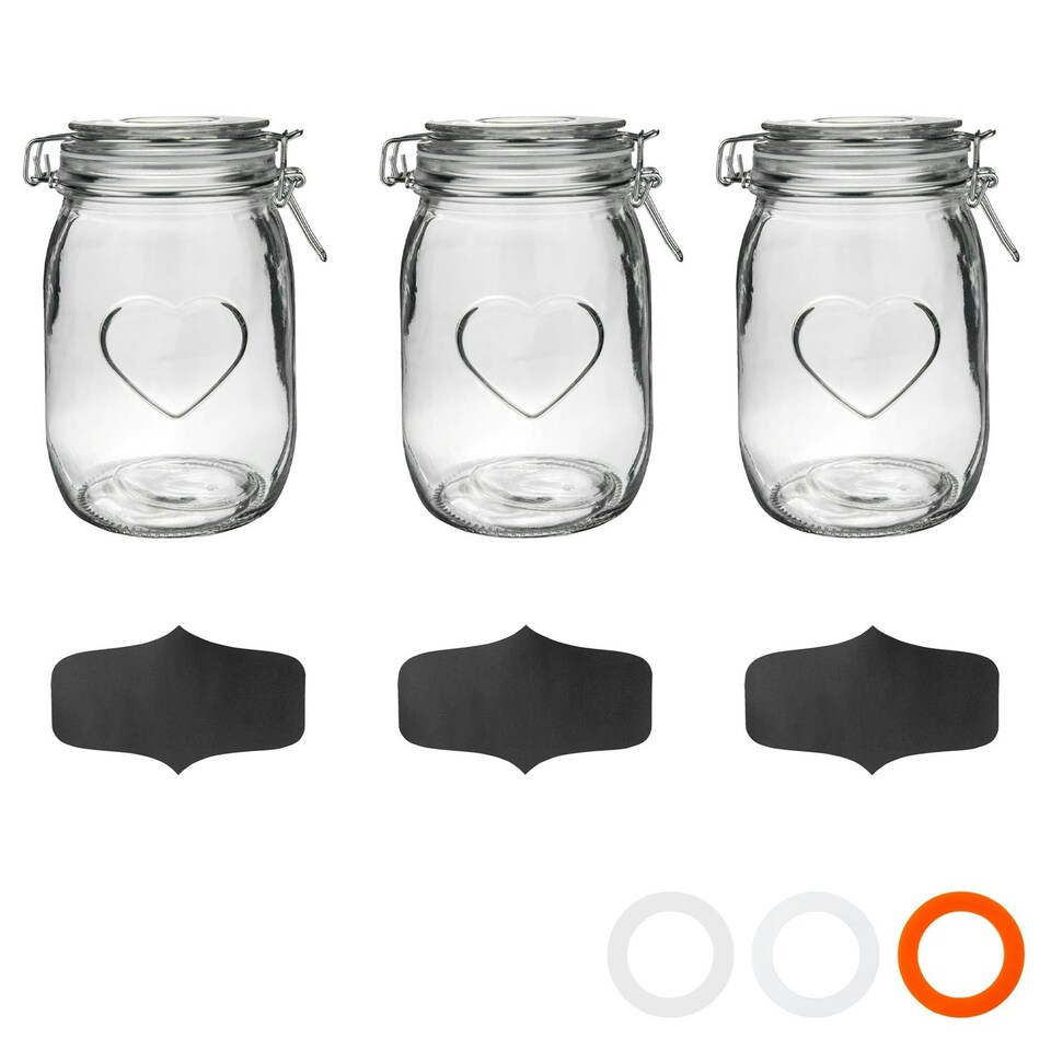 image 1 of Nicola Spring Heart Glass Storage Jars with Labels - 1 Litre - Clear Seal - Pack of 3