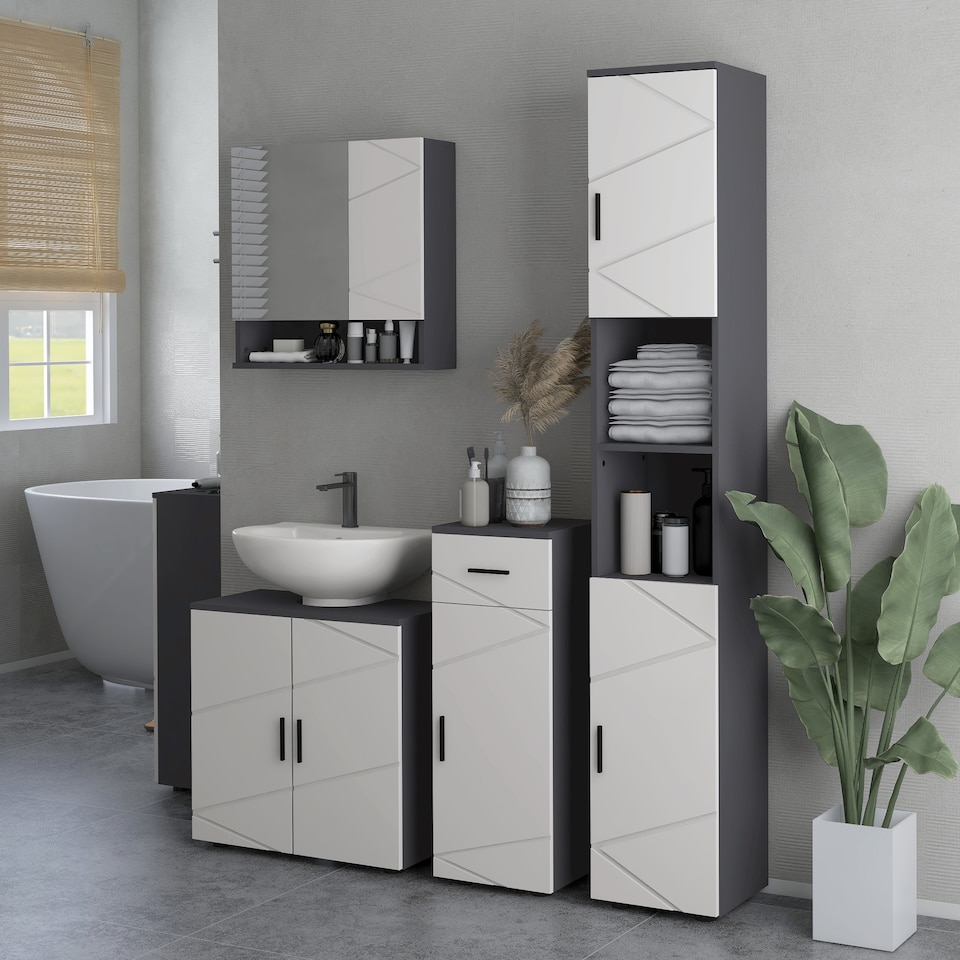 image 1 of kleankin 183cm Tall Bathroom Cabinet, Narrow Bathroom Storage Cabinet with Open Shelves, 2 Doors Cabinets, Adjustable Shelves and Soft Close Mechanism, Grey