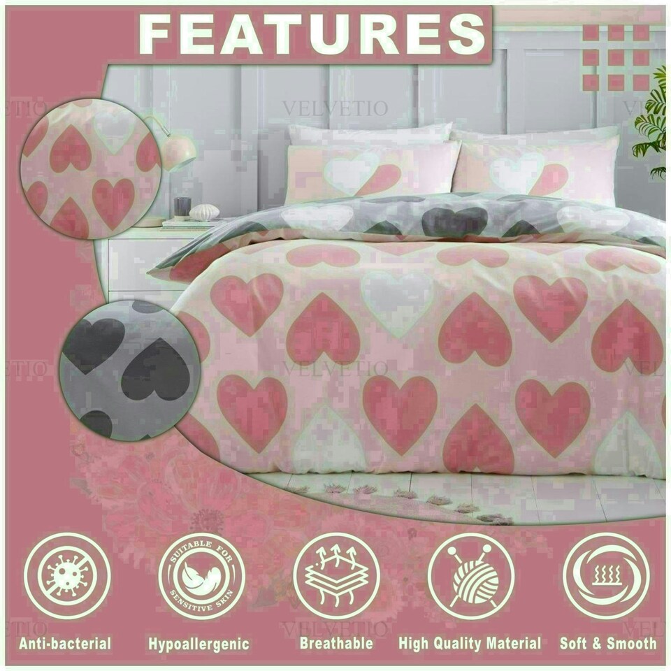 image 1 of Pretty Hearts Printed Duvet Cover Set Reversible Polycotton Beddings Pink | Single