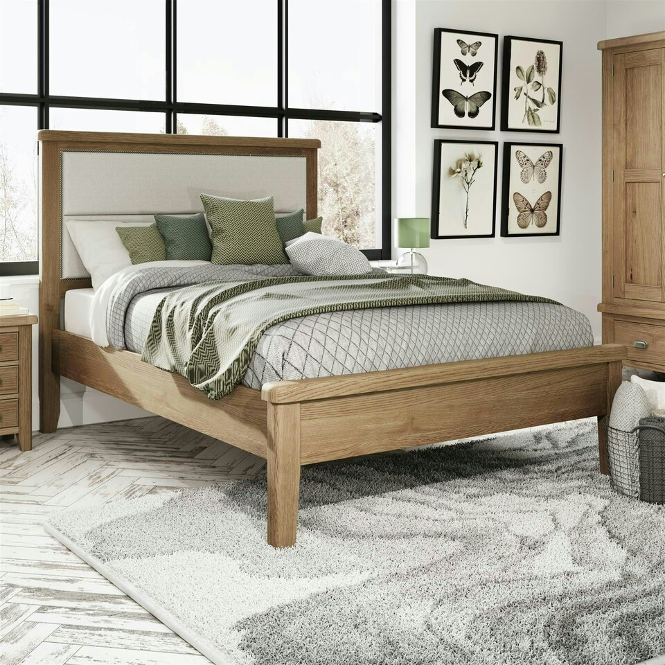 image 1 of Holcombe Solid Wood Double Bed Frame Wooden Slats Bedroom Furniture Smoked Oak