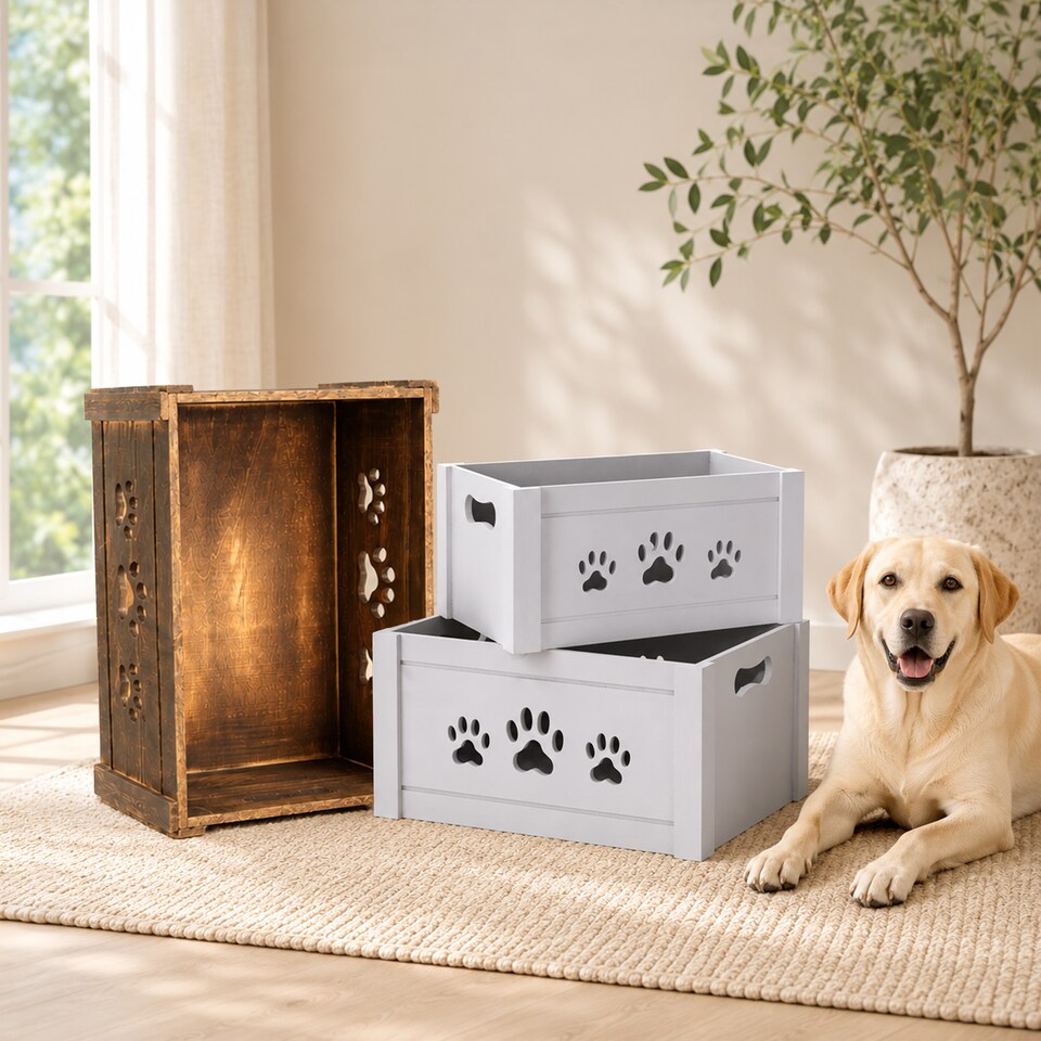 image 1 of Paw Shaped Cutout Dog Toys Chest Gift Hampers Storage Collection Box Wooden Crates Gift Hampers (Brown, Small)