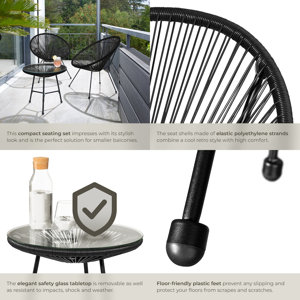 image 1 of Garden Table and Chairs Santana - retro Acapulco design, weather-resistant, and safety glass tabletop | Black | black | 1