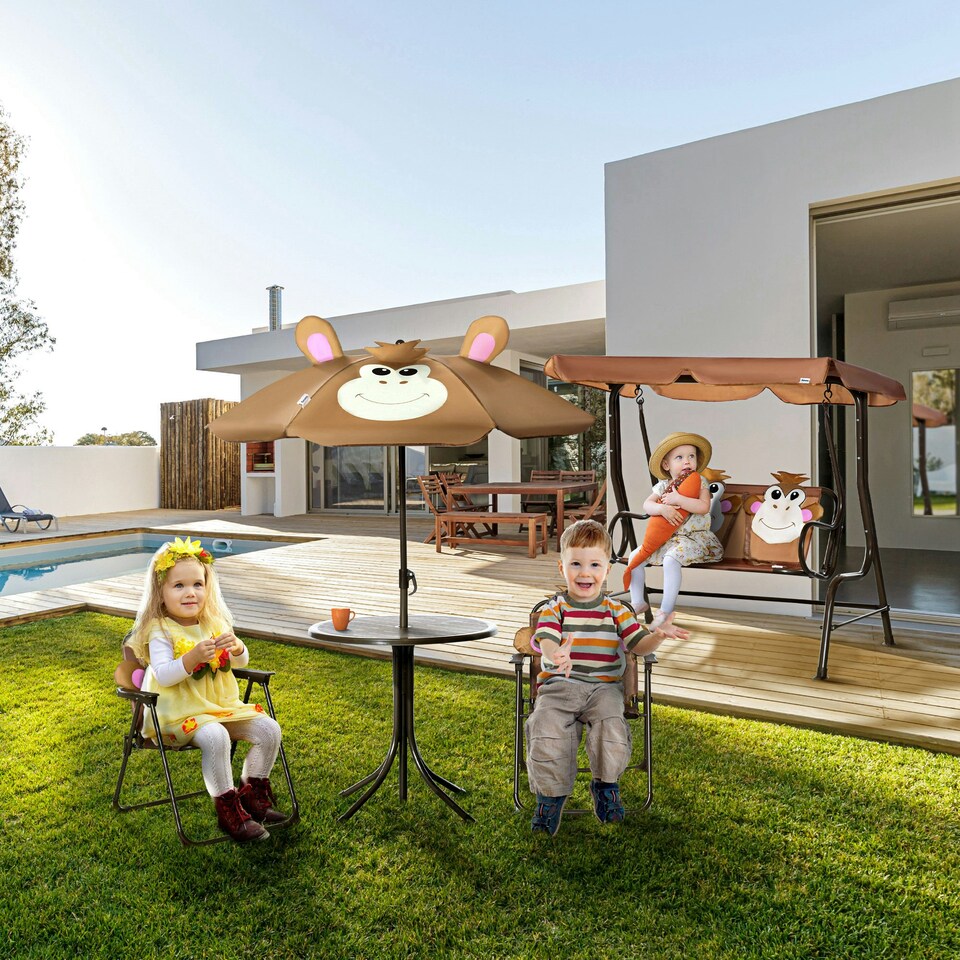 image 1 of Outsunny Kids Foldable Four-Piece Garden Set w/ Table, Chairs, Umbrella - Brown