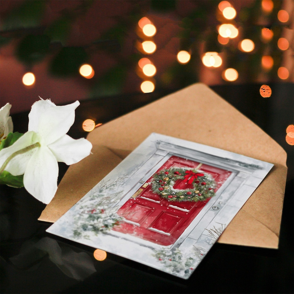 image 1 of Snow Covered Bauble Wreath Red Door For Child Kids Xmas Festive Christmas Card