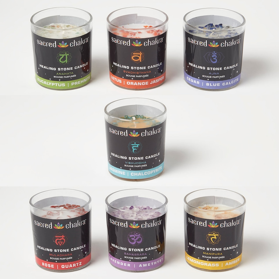 image 1 of Homescapes Chakra candles gift set with healing crystals – set of 7