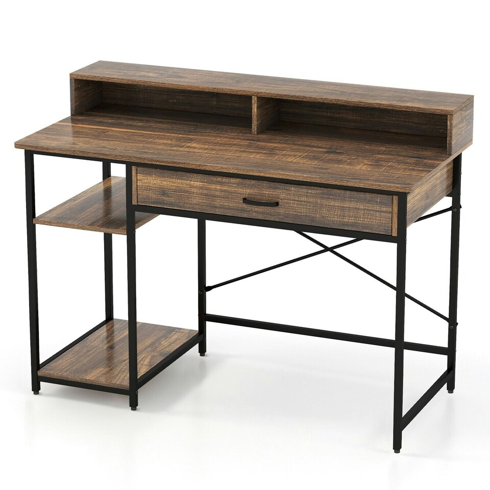 image 1 of COSTWAY Computer Desk Writing Workstation w/Storage Drawer Brown