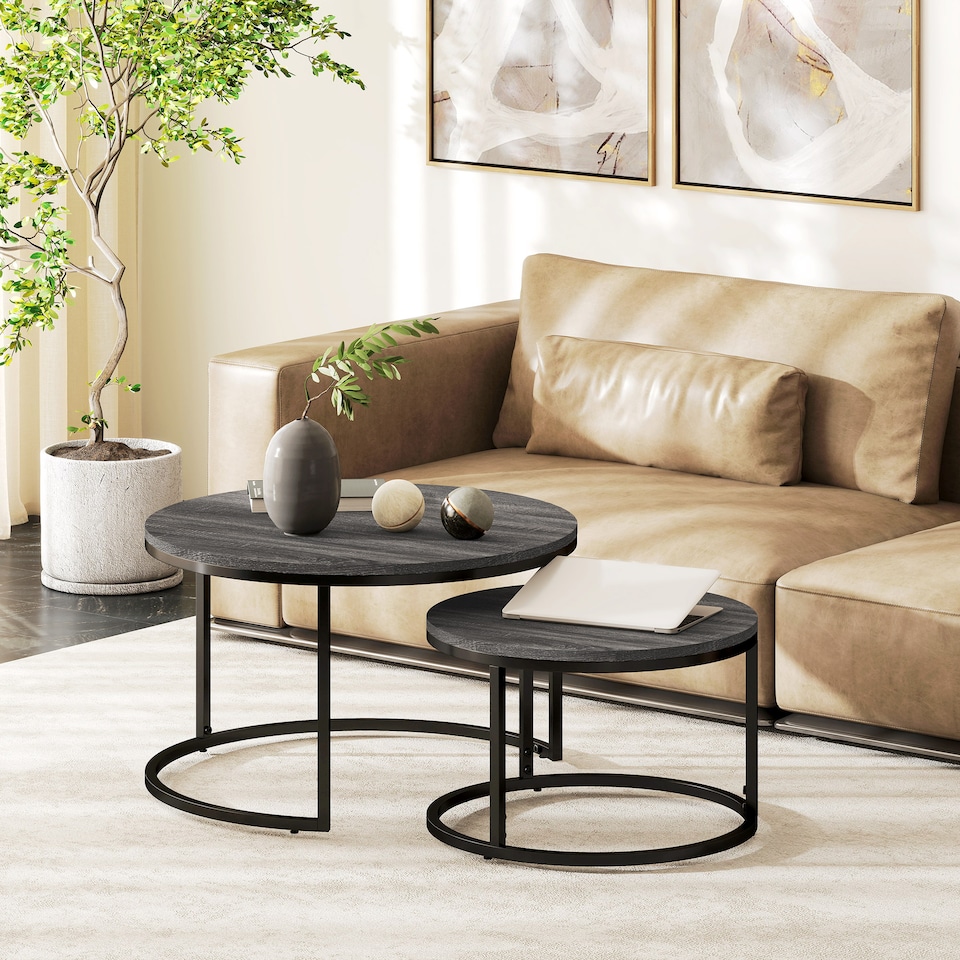 image 1 of HOMCOM Round Nesting Coffee Table Set of 2, Large Stacking End Side Table with Steel Frame for Living Room, Bedroom, Home Office, 78.5 x 78.5 x 46.5 cm, Black | Black