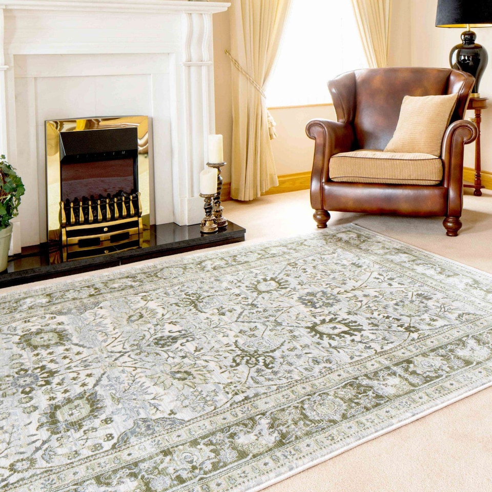 image 1 of KUKOON Vintage Traditional Green Floral Living Room Rug 60cm x 240cm