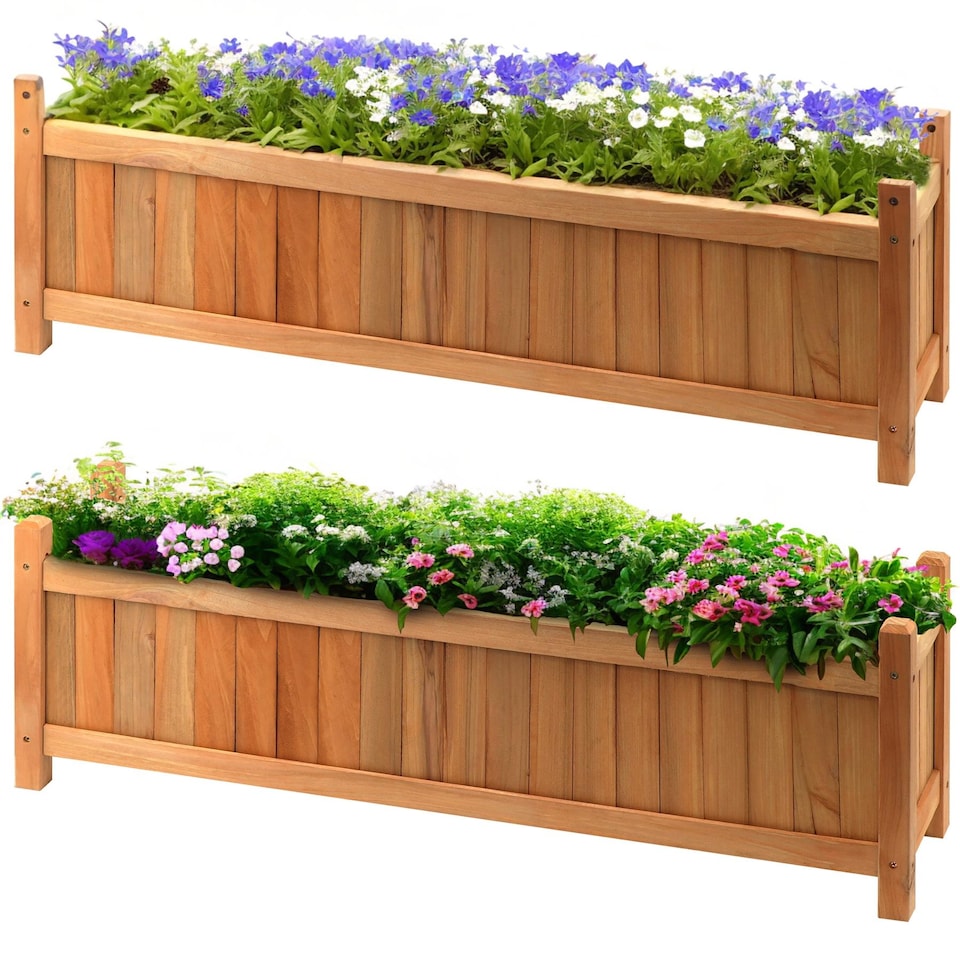 image 1 of GEEZY Wooden Rectangular Garden Flower Planters Brown Set of 2