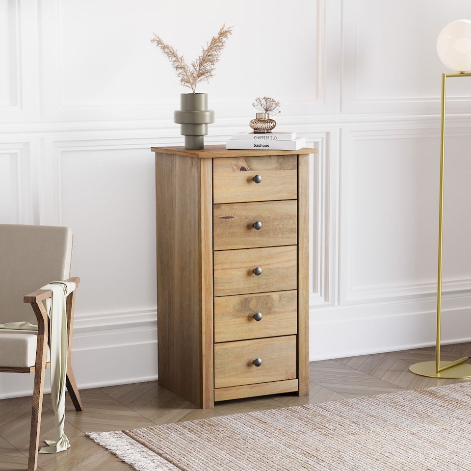 image 1 of Vida Designs Panama 5 Drawer Narrow Chest of Drawers Bedroom Storage, Solid Pine Wood