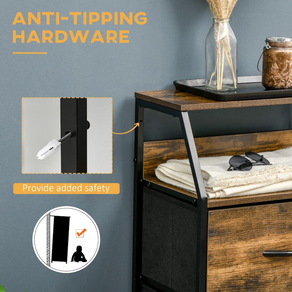 image 1 of HOMCOM Industrial Storage Cabinet, Fabric Chest of Drawers with Display Shelves, 3 Drawers Storage Unit for Living Room, Rustic Brown