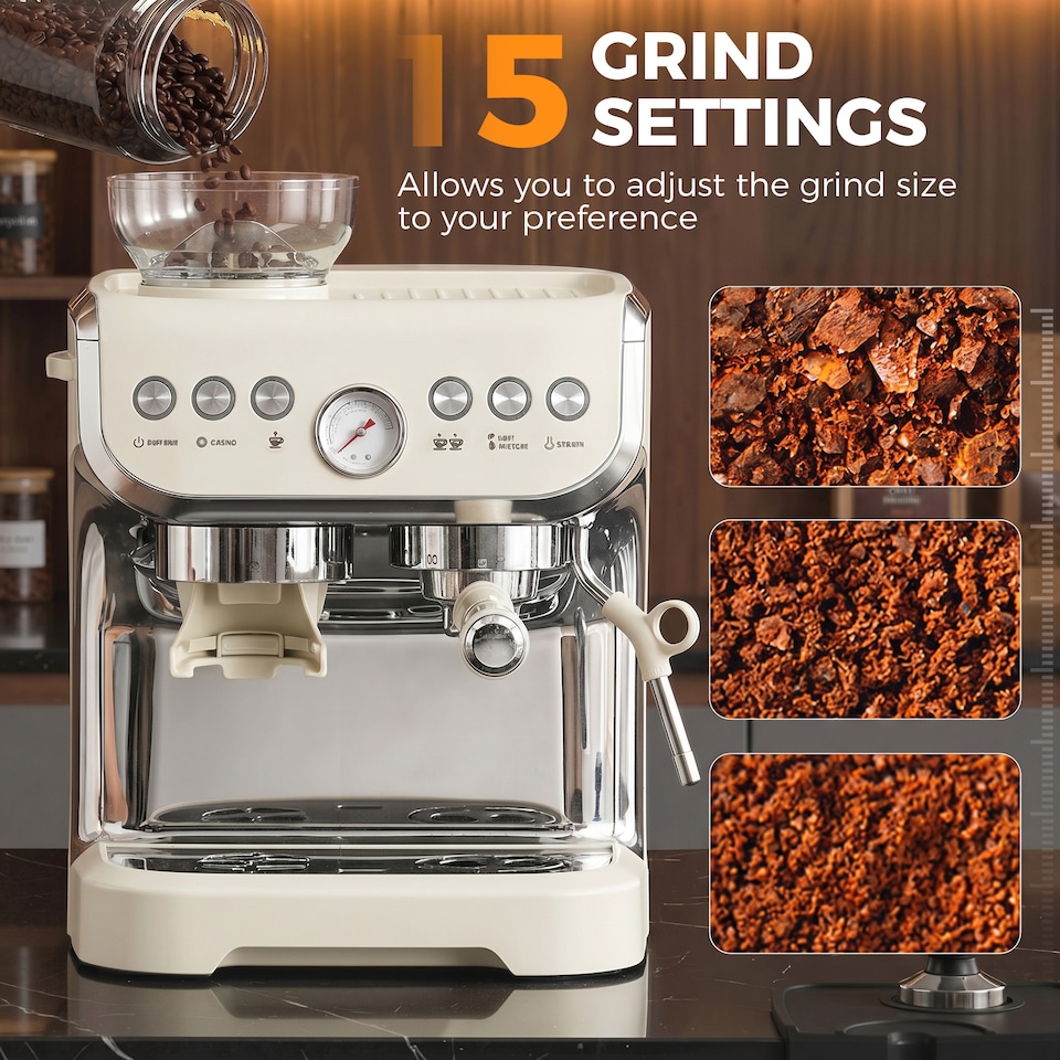 image 1 of HOMCOM Espresso Machine, Bean Grinder & Steam Wand, 15 Bar Pressure
