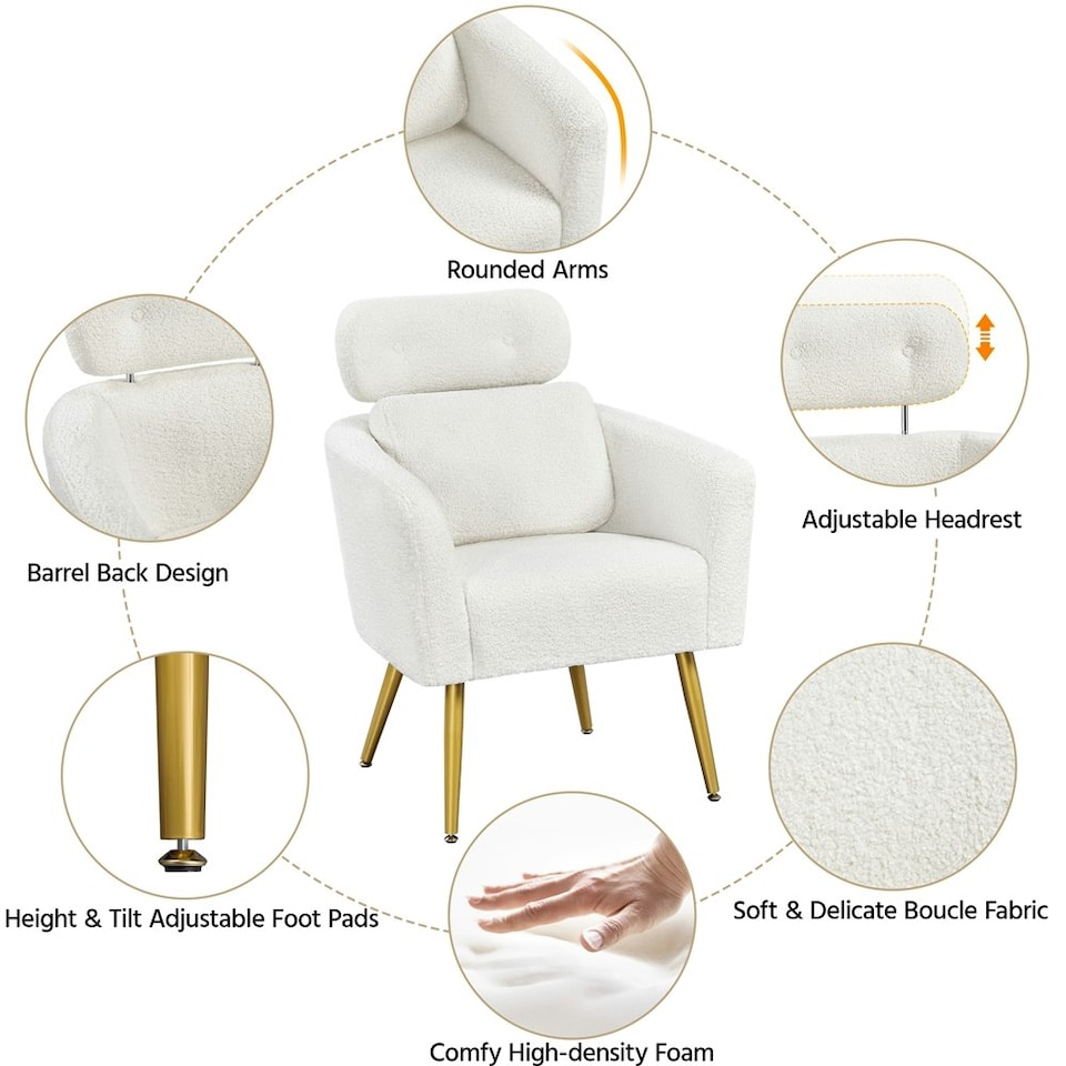 image 1 of Yaheetech Boucle Barrel Accent Chair with Adjustable Headrest and Lumbar Pillow White