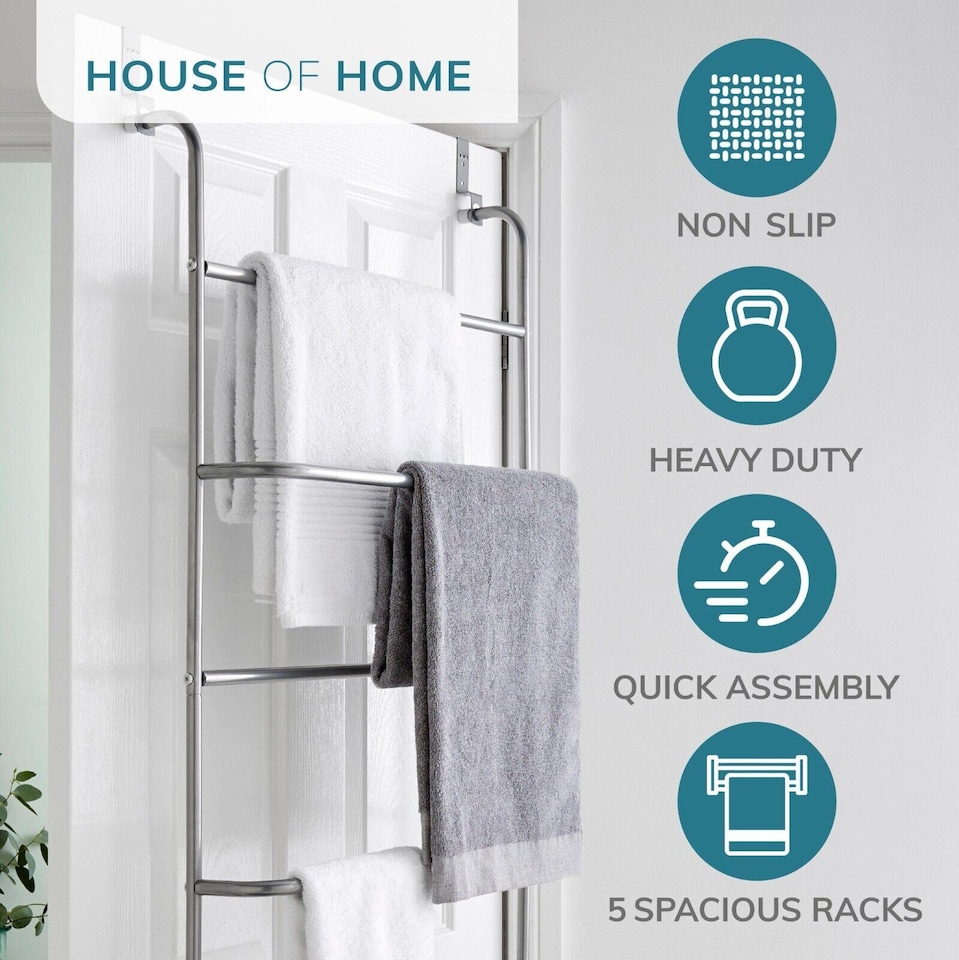 image 1 of House of Home Towel Rail Over Door 5 Tier Clothes Airer Rack Hanger Holder Bathroom Storage