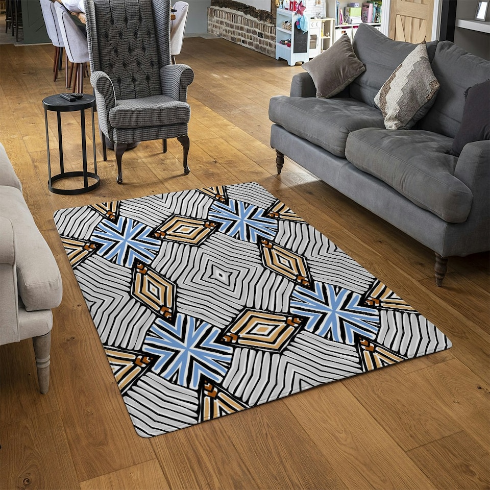 image 1 of Abstract geometric roughly hatched shapes colored with hand drawn brush stokes (Rug) Multi | Large: 140x200cm
