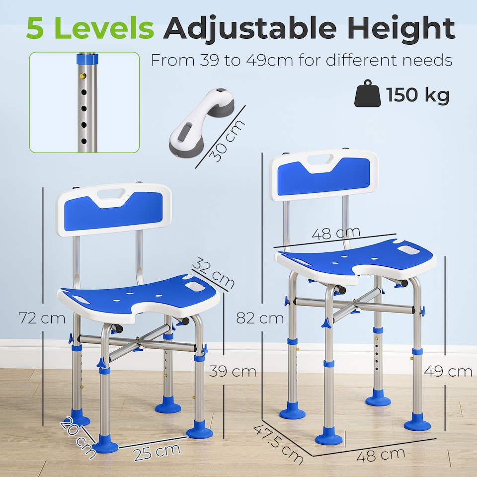 image 1 of HOMCOM Shower Chair with U-Shaped Cutout, Height Adjustable Shower Chair | Blue | Blue and White | 48 x 47.5 x 72-82 cm