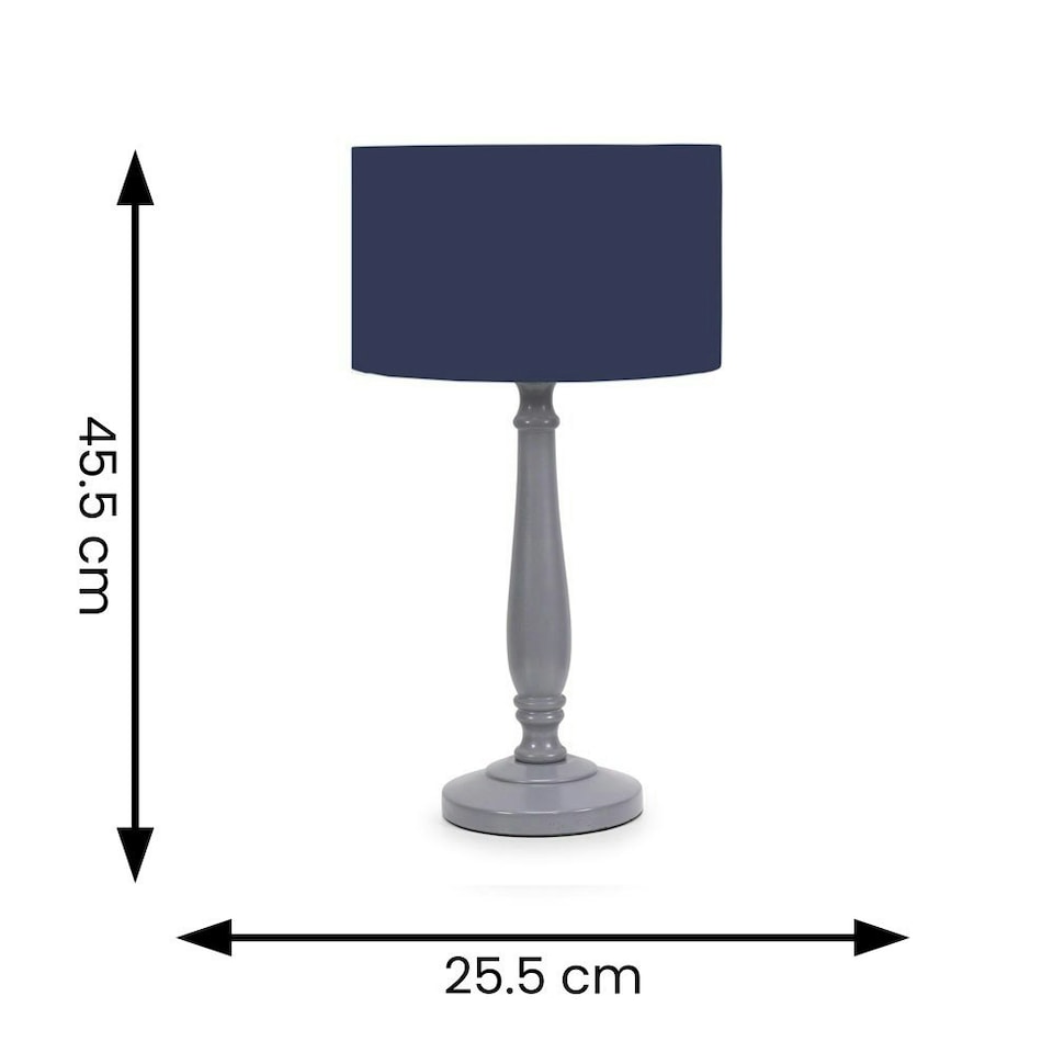 image 1 of ValueLights Victoria Grey Wood Traditional Stem Table Lamp with Navy Blue Fabric Drum Shade and LED Bulb
