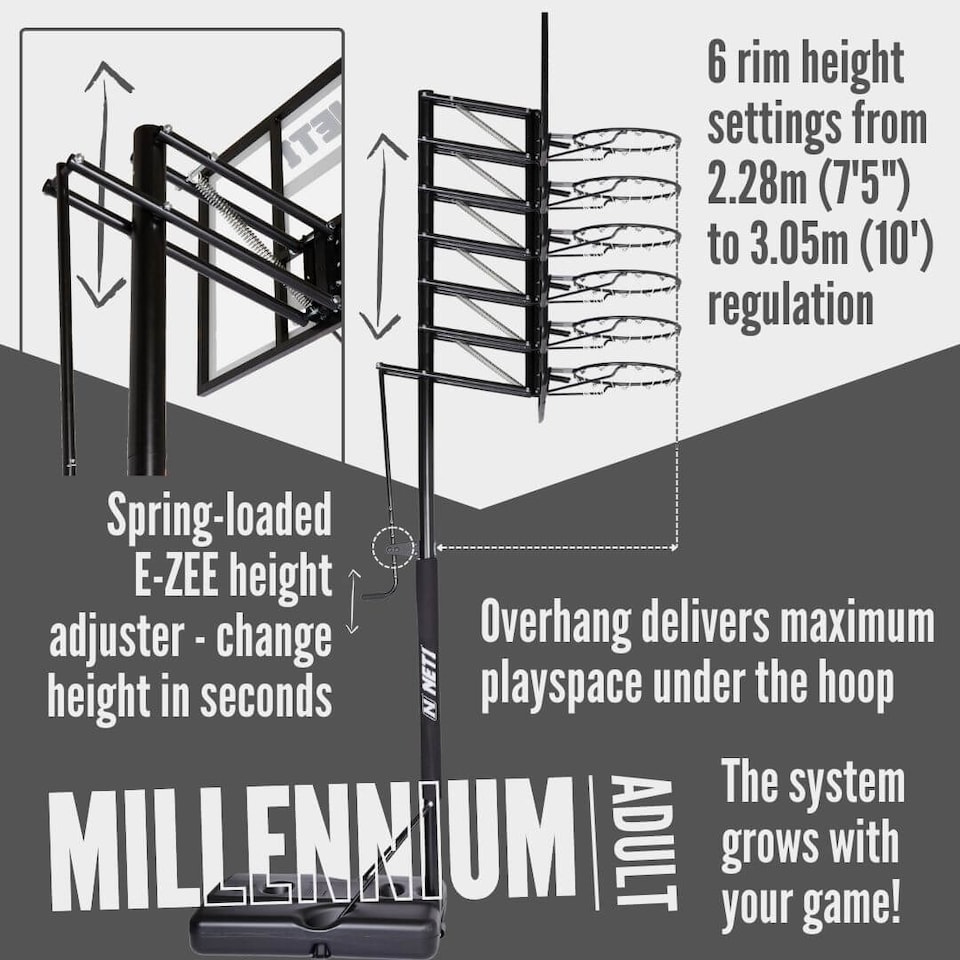 image 1 of NET1 Millennium Portable Basketball Hoop — Adjustable 7'6" to 10' (2.28–3.05 m), Polycarbonate Backboard | Multi | BLACK | 4396