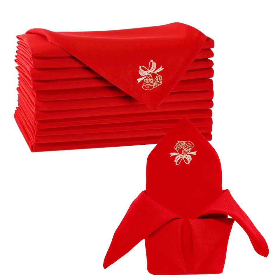 image 1 of 1pc Christmas Table Napkin Set with Festive Jingle Bell Embroidery - 20 Inch