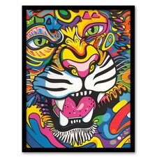 Colourful Arty Tiger Portrait Fun Bold Hippy Black Framed Wall Art Print A4