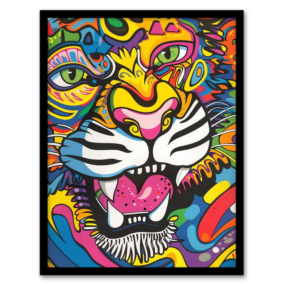image 1 of Colourful Arty Tiger Portrait Fun Bold Hippy Black Framed Wall Art Print A4