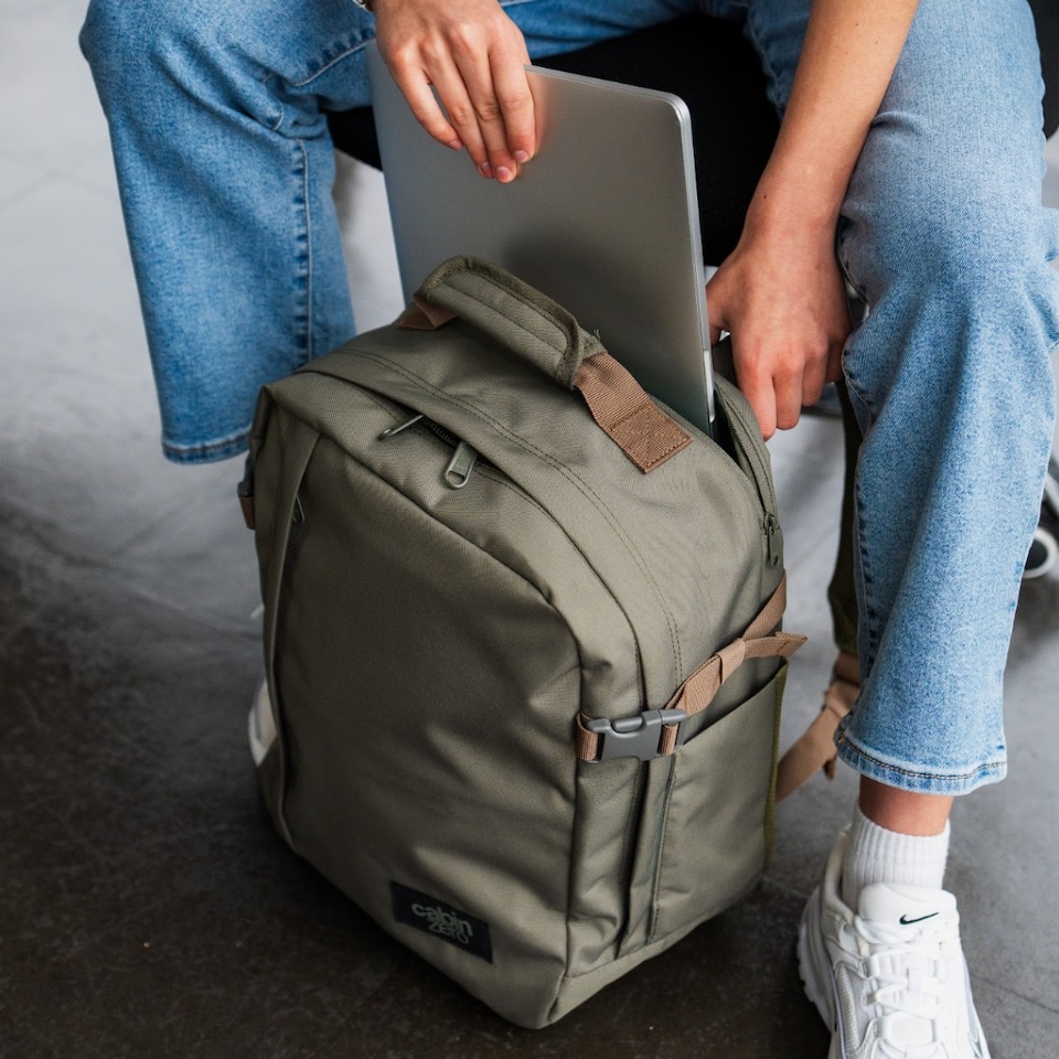 image 1 of CabinZero Classic Tech Backpack 28L, Underseat Approved Cabin Bag with Padded Laptop Sleeve | Green | Georgian Khaki