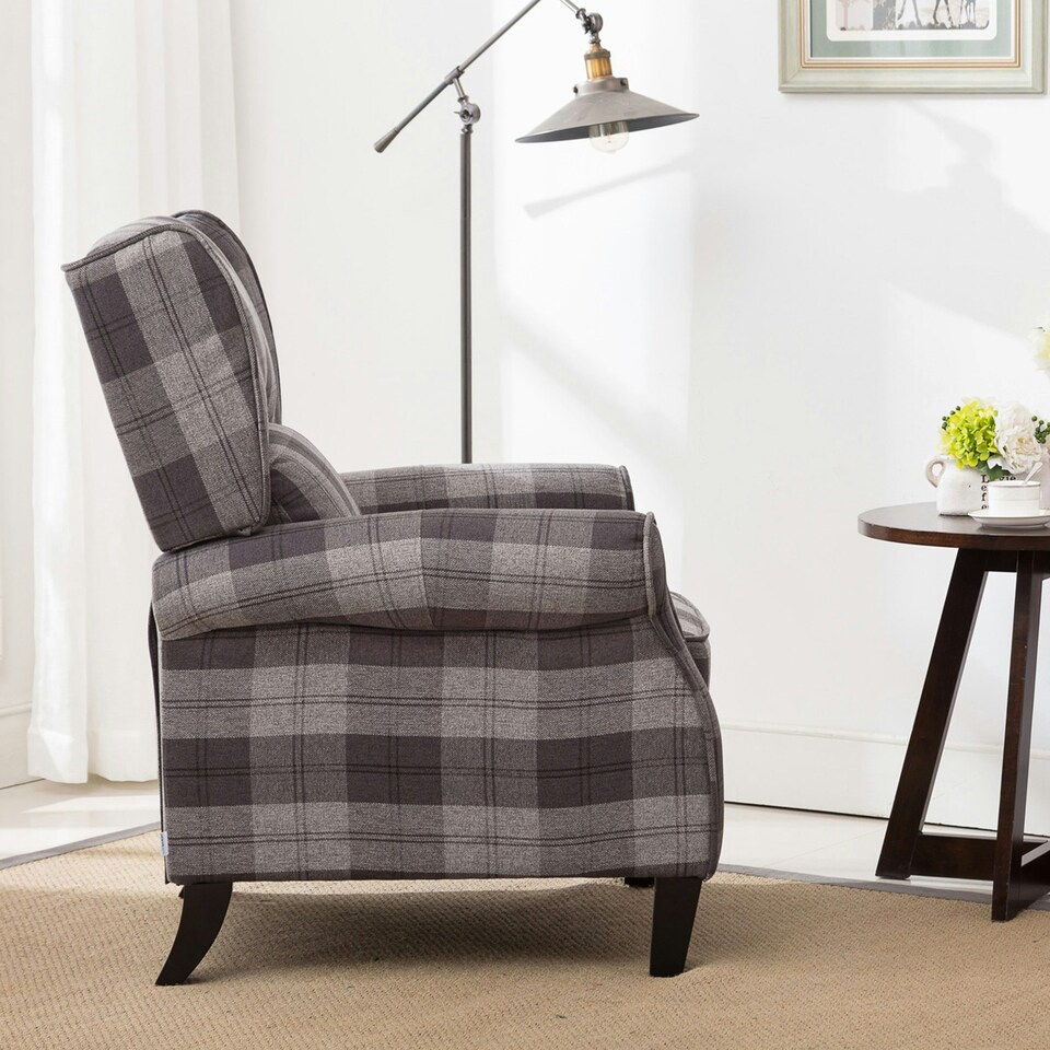 image 1 of Eaton Wing Back Fireside Checkered Fabric Pushback Recliner Chair (Charcoal)