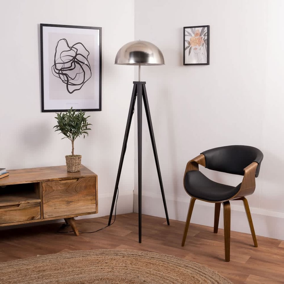 image 1 of ValueLights Black Metal Tripod Standing Floor Lamp With Silver Brushed Chrome Dome Shade