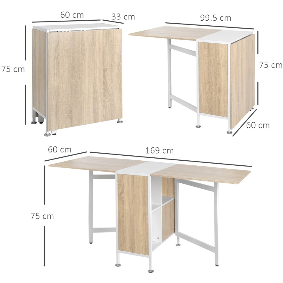 image 1 of HOMCOM Folding Dining Table for 4 People, 169 cm Drop Leaf Table with Storage Shelves for Small Spaces, Kitchen, Dining Room, Oak & White