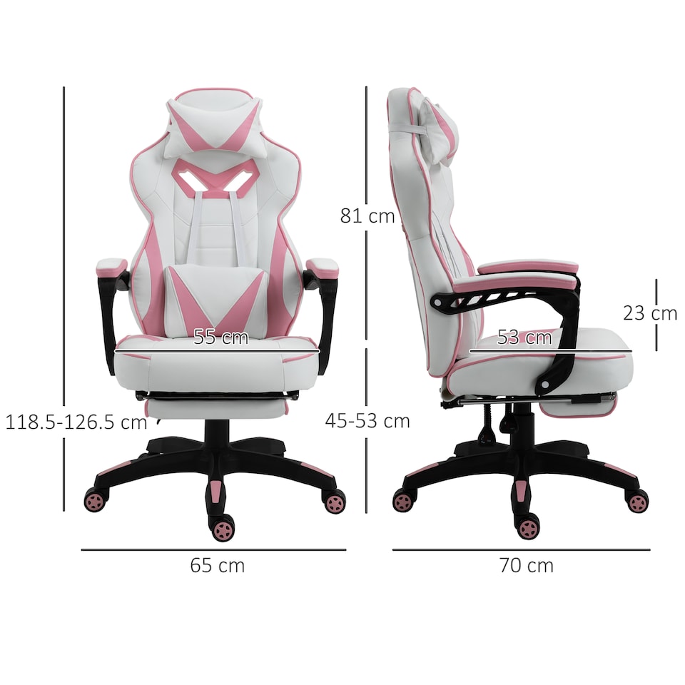 image 1 of Vinsetto Computer Gaming Chair, Racing Desk Chair with Lumbar Support and Footrest, PU Leather Gamer Chair with Headrest and Swivel Wheels for Home, Pink
