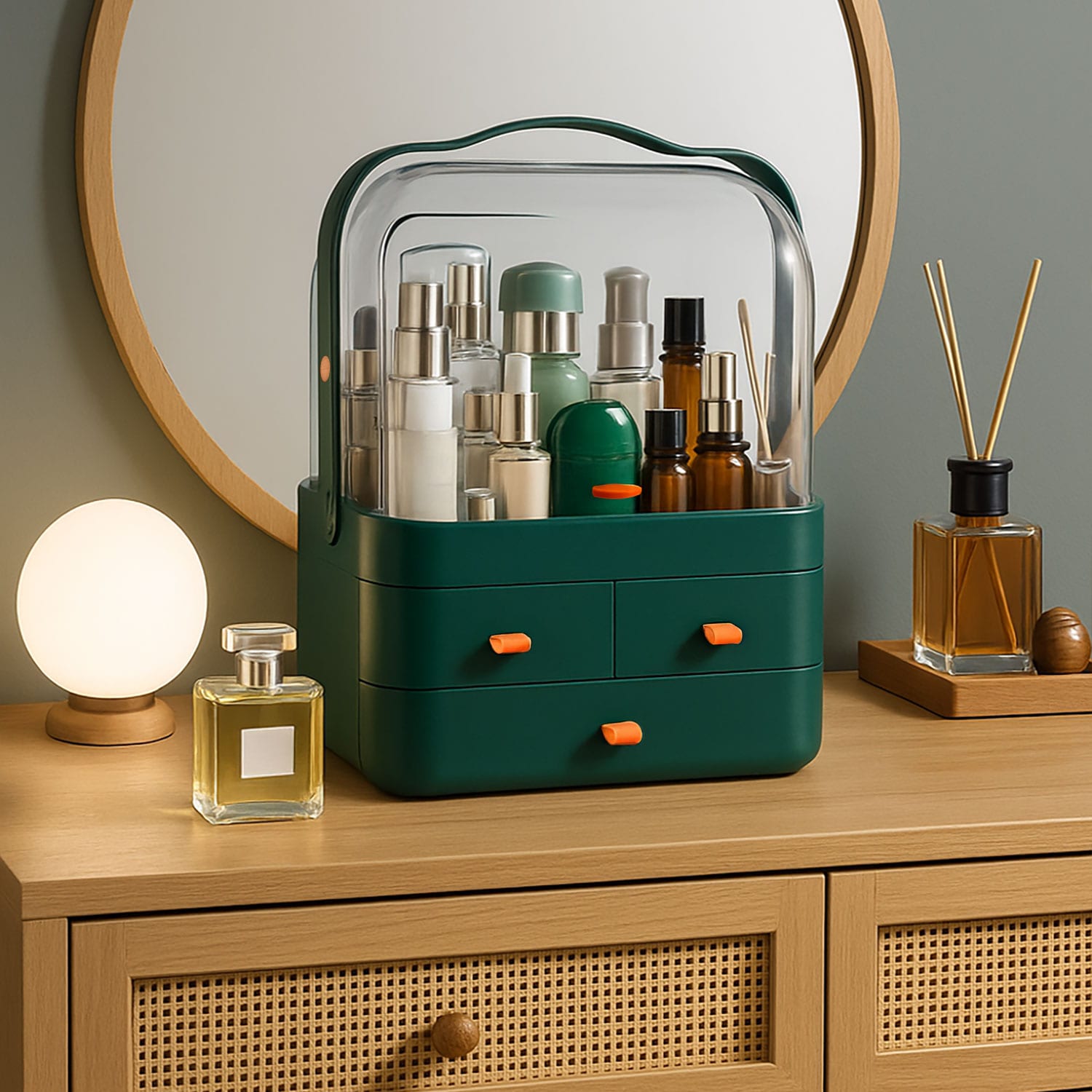 Neo Green Acrylic Makeup Storage Organiser with Lid & Drawers