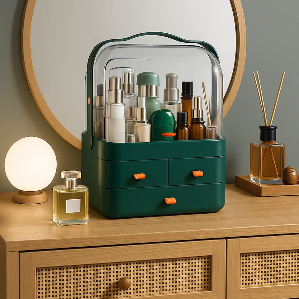 image 1 of Neo Acrylic Makeup Organiser with Lid & Drawers Portable Dustproof Cosmetic Storage Box | Green | Green | 26.5 x 18.2 x 34.7cm | 1