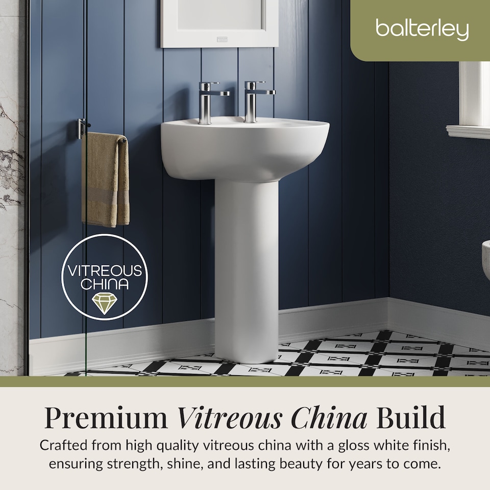 image 1 of Adley Round 2 Tap Hole Basin & Full Pedestal 550mm White Pillar Tap | White | White | 475 x 550 x 840mm