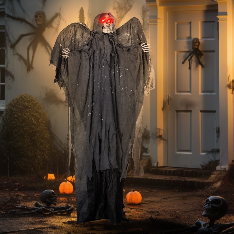 image 1 of HOMCOM 195cm 77 Winged Grim Reaper Outdoor Halloween Decoration, Halloween Animatronic with Sound Activated, Light Up Eyes, Sound Effects, Animated Prop for Haunted House