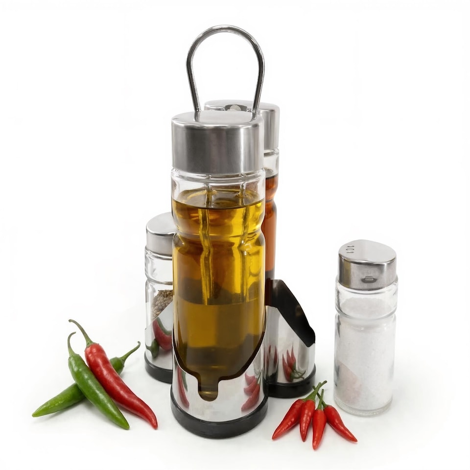 image 1 of GEEZY 4 Piece Glass Cruet Set and Condiment Dispenser With Stand 20.5cm