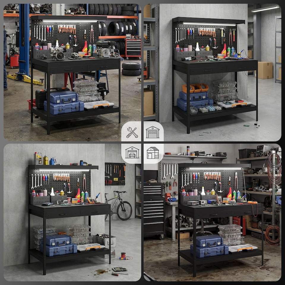 image 1 of HOMCOM 110 cm Workbench with Pegboard and LED Light, 272 kg Load Capacity | Black | Black | 110L x 60W x 150H cm