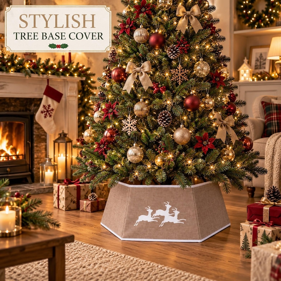 image 1 of 26.8 Inch Hexagonal Fabric Christmas Tree Collar in Beige for a Neat Festive Finish