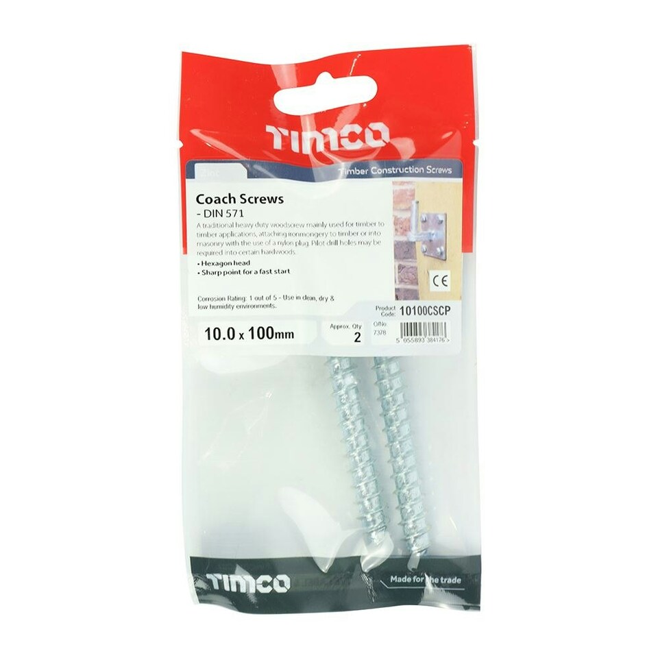image 1 of Timco - Coach Screws - Hex - Zinc (Size 10.0 x 100 - 2 Pieces)